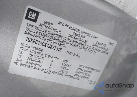 2007 GMC Yukon Sle z USA, uszkodzony, nr VIN 1GKFC13CX7J377313